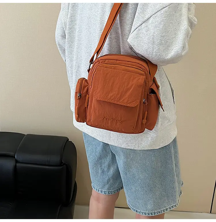 Unisex Yellow Nylon Shoulder Bag with 5 Pockets — feature 19