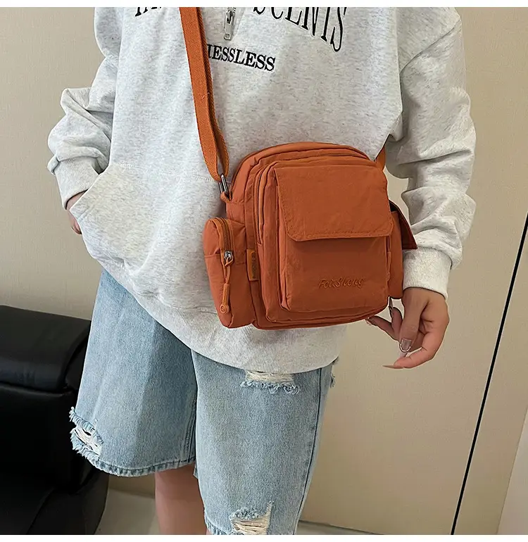 Unisex Yellow Nylon Shoulder Bag with 5 Pockets — feature 20