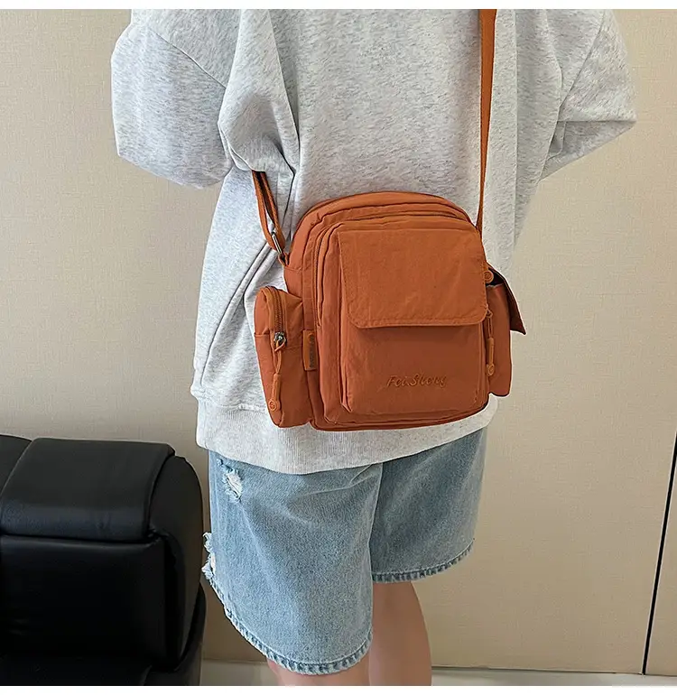 Unisex Yellow Nylon Shoulder Bag with 5 Pockets — feature 21