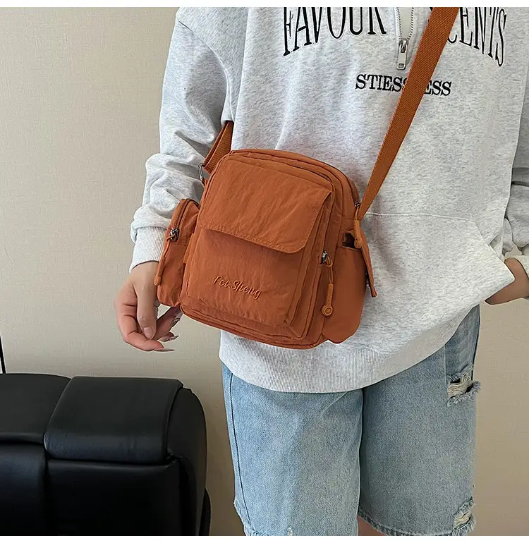 Unisex Yellow Nylon Shoulder Bag with 5 Pockets — feature 22