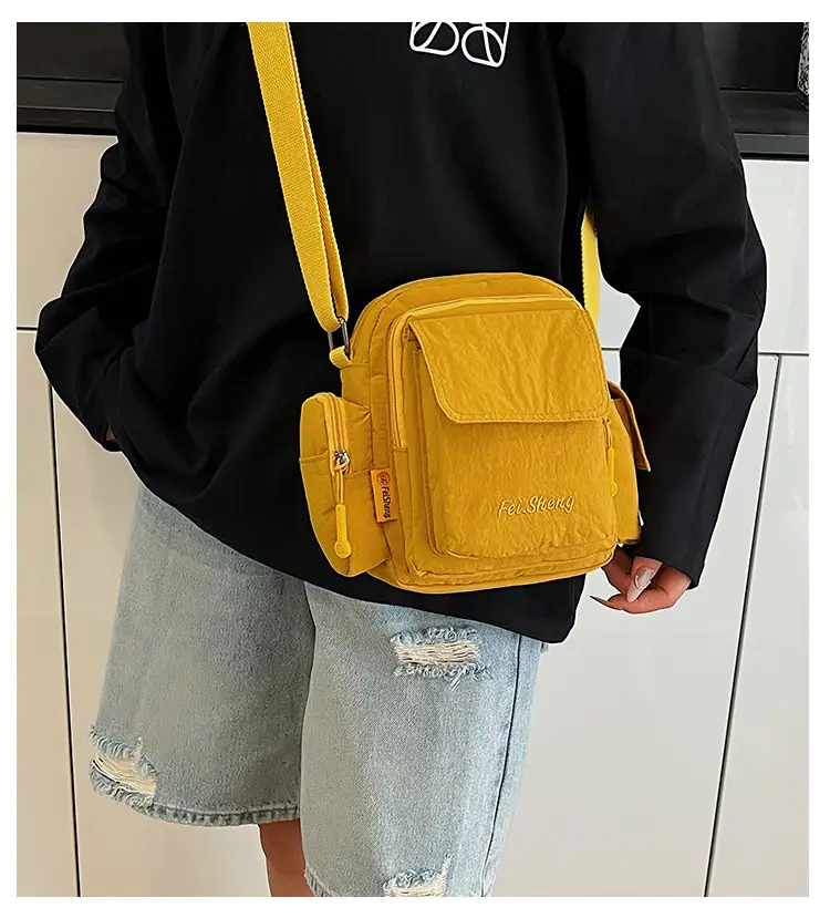 Unisex Yellow Nylon Shoulder Bag with 5 Pockets — feature 3