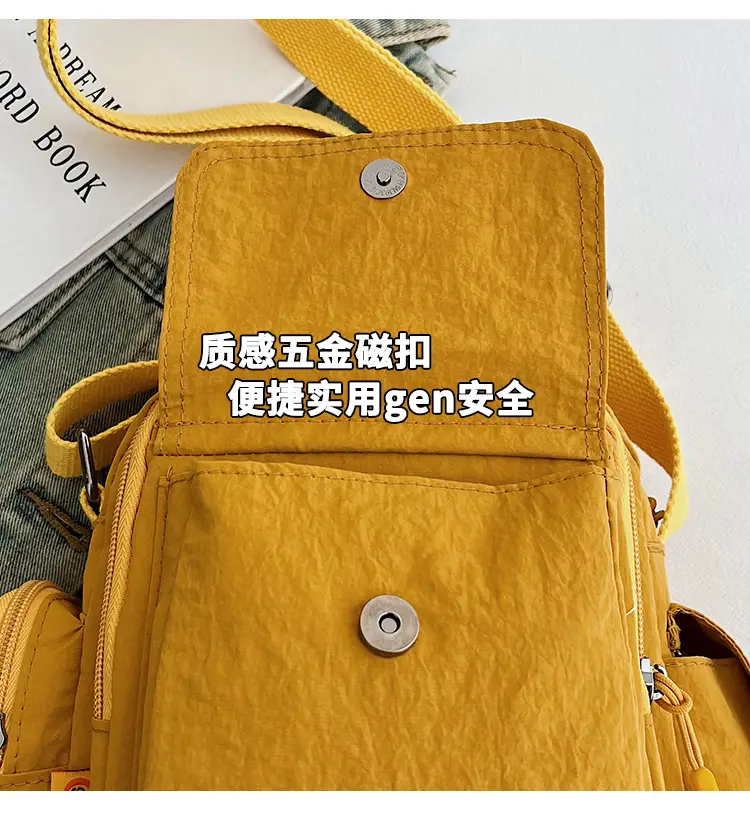 Unisex Yellow Nylon Shoulder Bag with 5 Pockets — feature 8