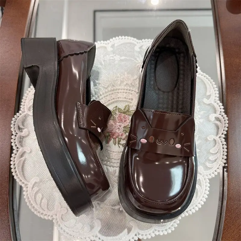 Black Cat Slip-On Leather Mary Jane Shoes