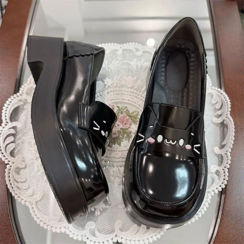 Black Cat Slip-On Leather Mary Jane Shoes