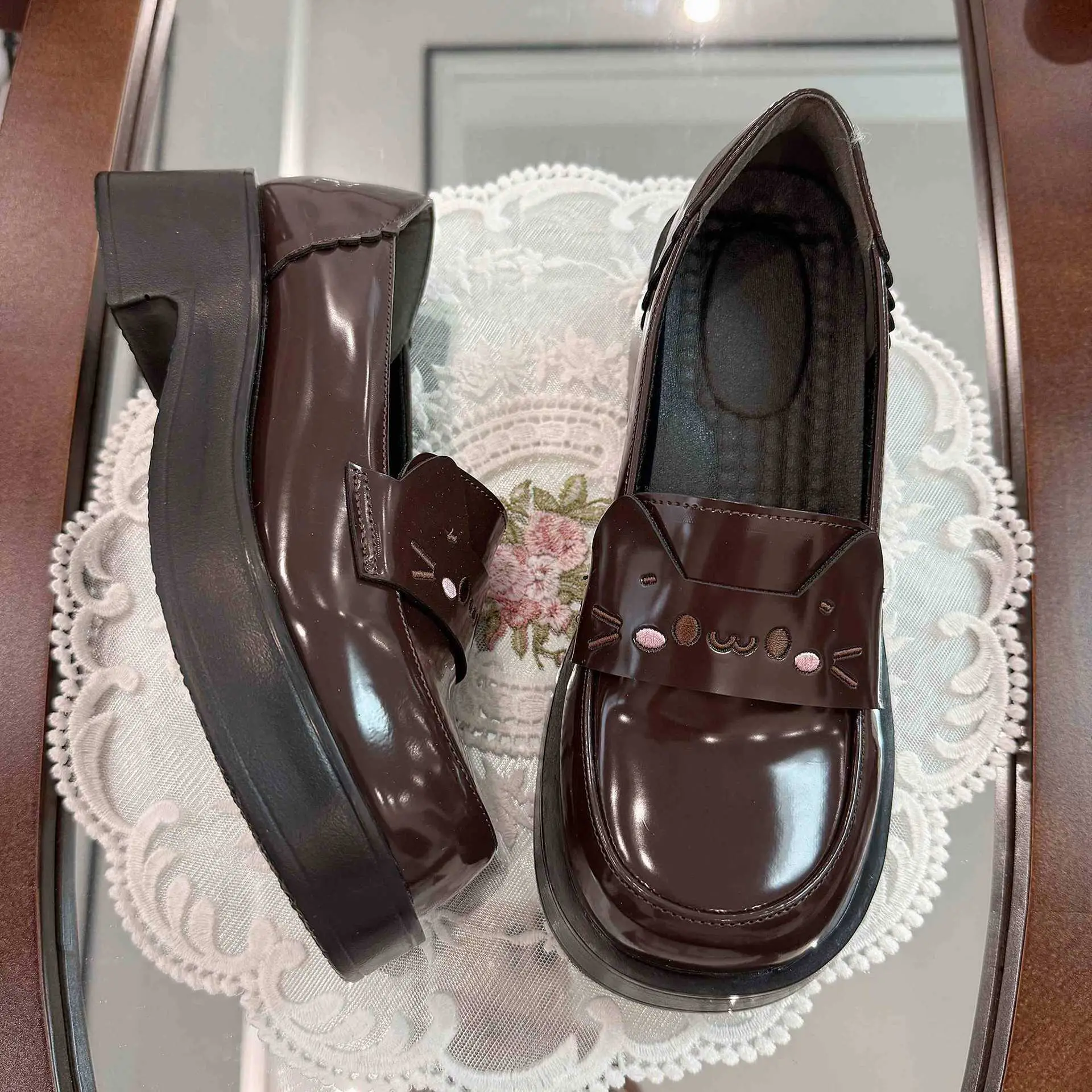 Black Cat Slip-On Leather Mary Jane Shoes