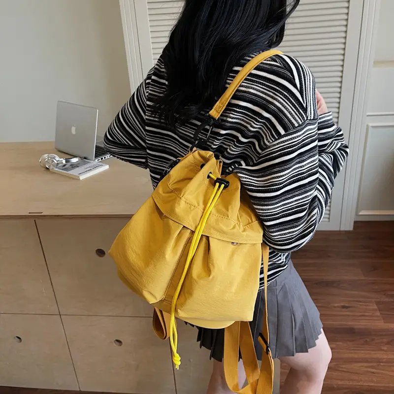 Women's Yellow Bucket Bag with Drawstring Closure - Image 7