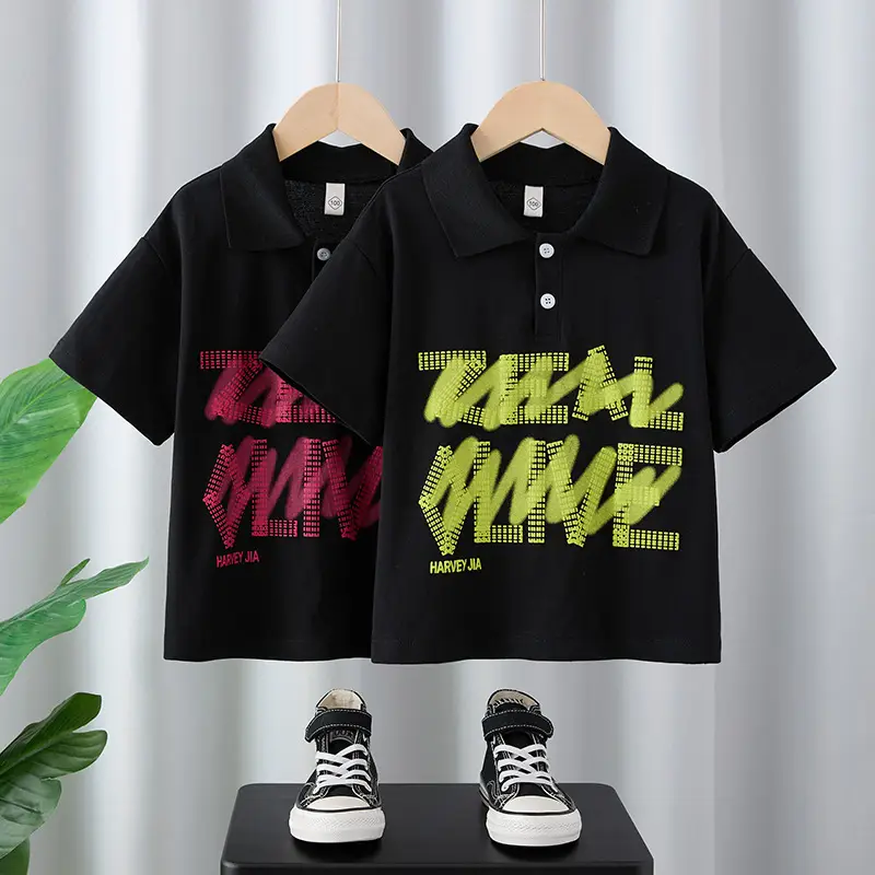 Boys Black Graphic Polo T-Shirt 2025 New