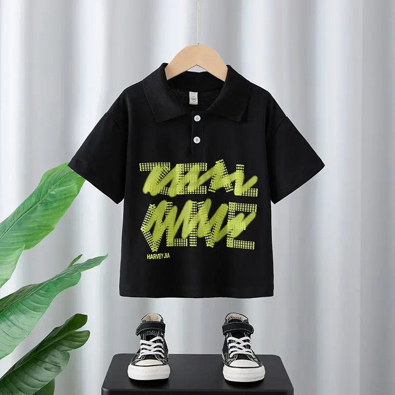 Boys Black Graphic Polo T-Shirt 2025 New