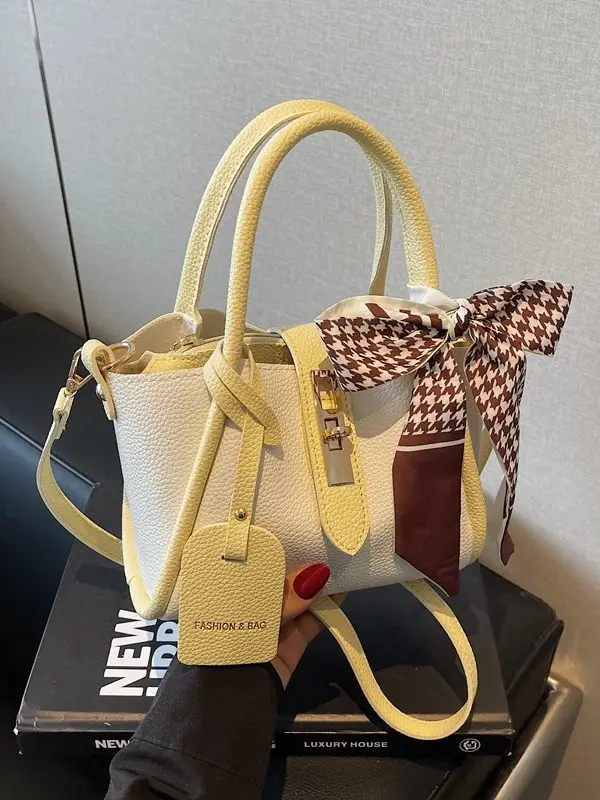 Women Crossbody Bag White Beige Houndstooth Tassel 2025