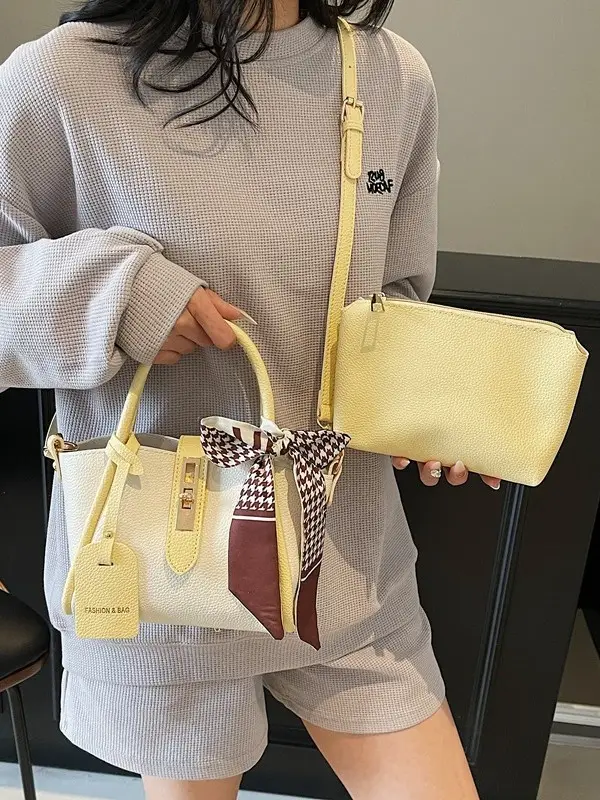 Women Crossbody Bag White Beige Houndstooth Tassel 2025