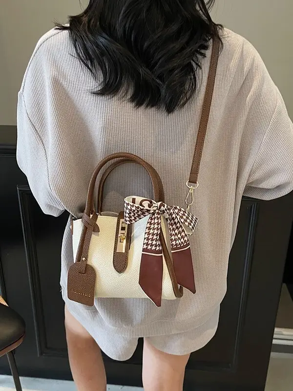 Women Crossbody Bag White Beige Houndstooth Tassel 2025