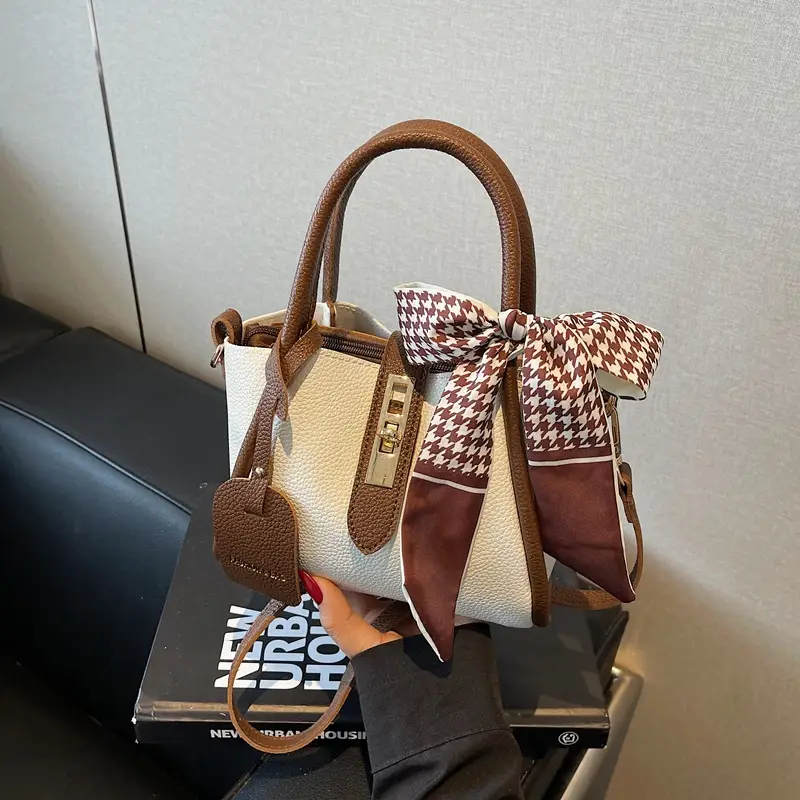 Women Crossbody Bag White Beige Houndstooth Tassel 2025