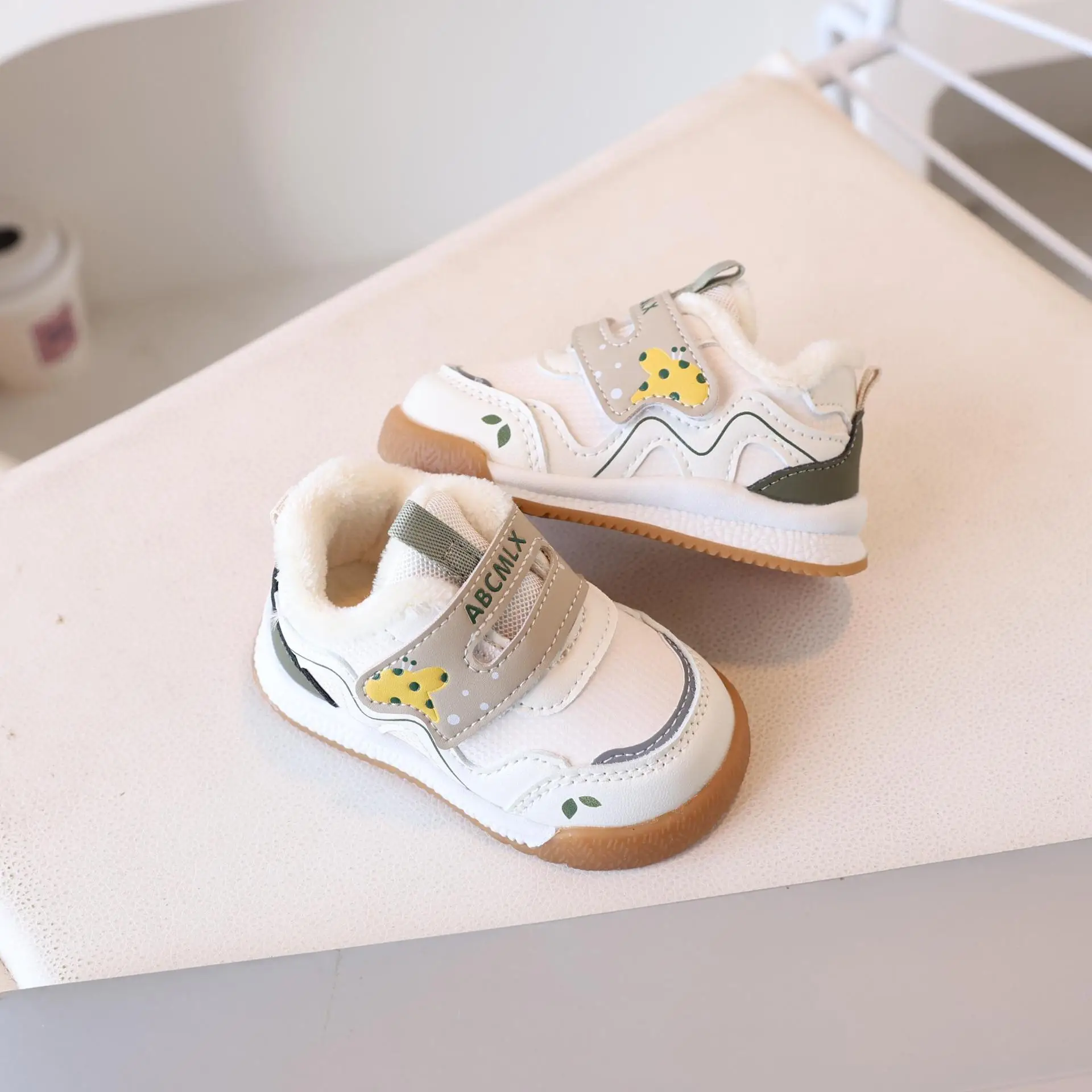 Baby Fleece Lined Toddler Shoes White Yellow Wave Design