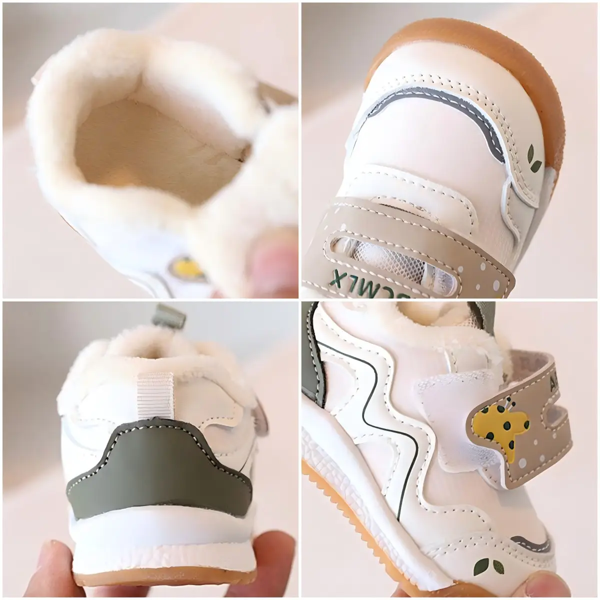 Baby Fleece Lined Toddler Shoes White Yellow Wave Design