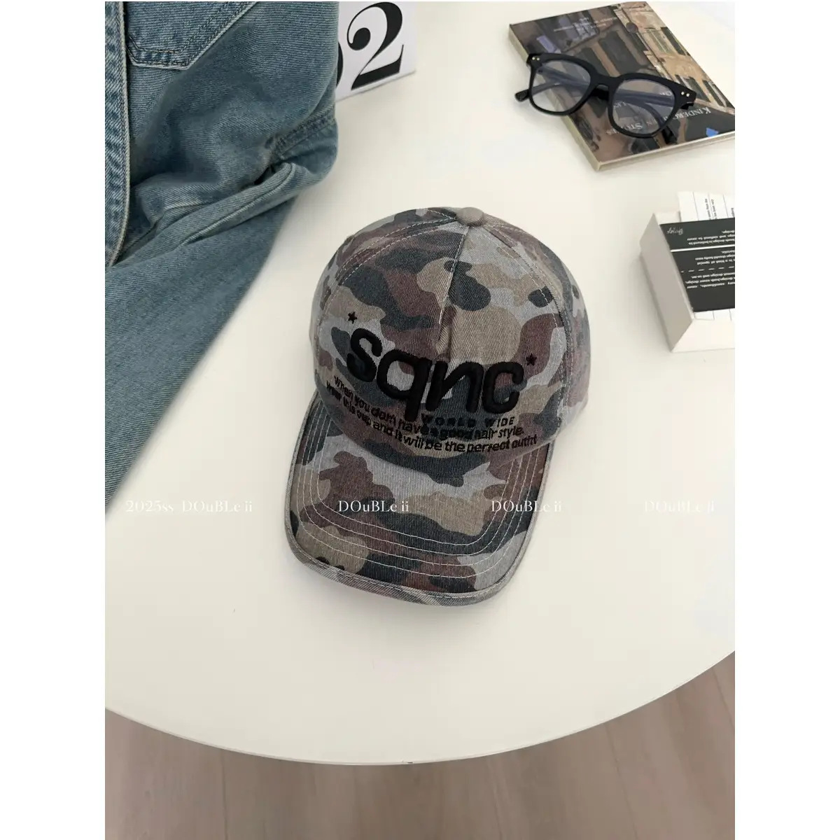 Women Retro Camo Sun Hat with Flat Brim & Anti-Hair Loss Text - Image 2