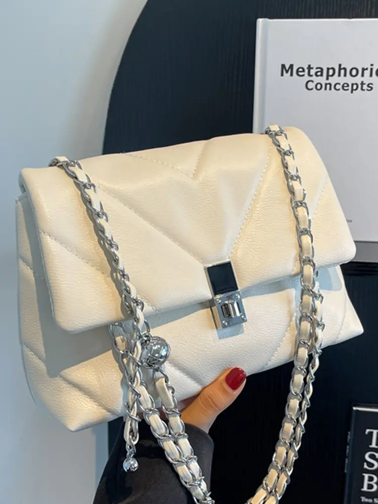 Stylish Cream Crossbody Bag with Silver Chain & Lock Buckle - Image 4