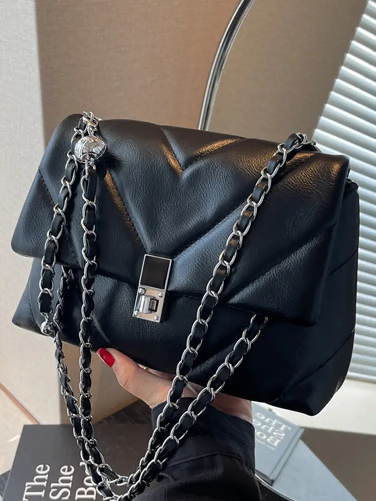 Stylish Cream Crossbody Bag with Silver Chain & Lock Buckle - Image 5