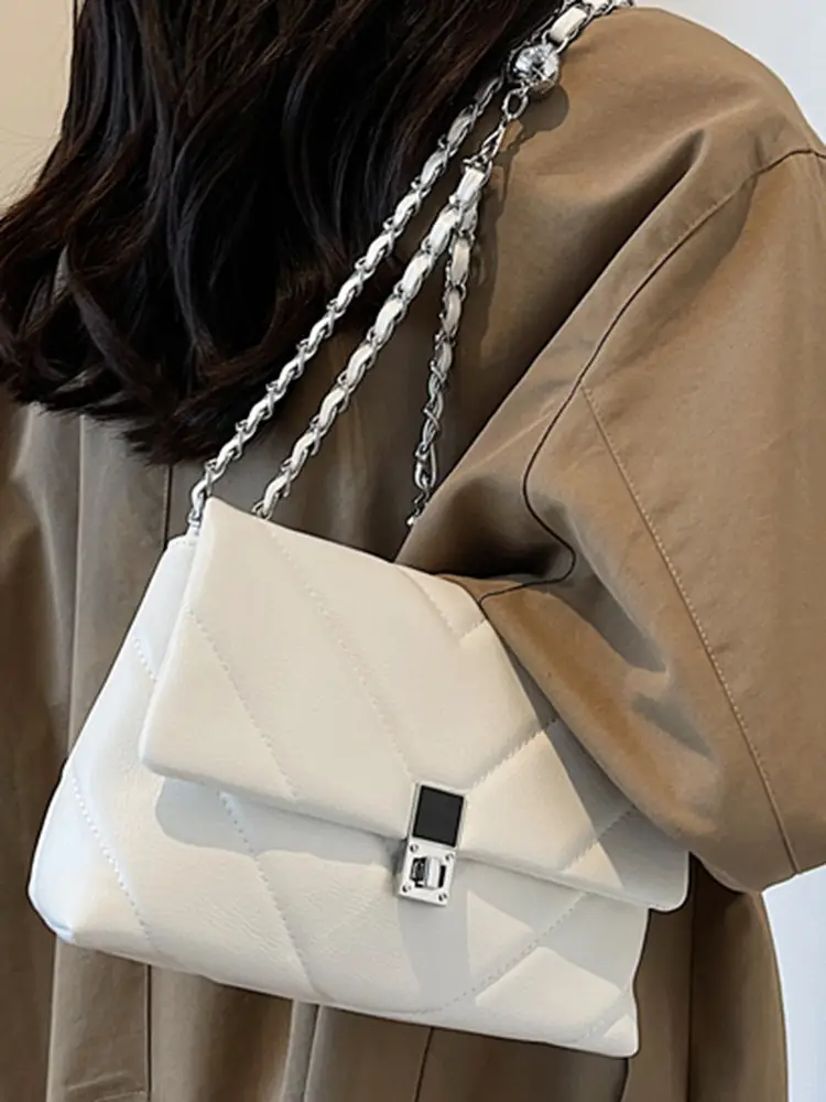 Stylish Cream Crossbody Bag with Silver Chain & Lock Buckle - Image 6
