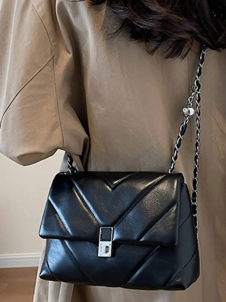 Stylish Cream Crossbody Bag with Silver Chain & Lock Buckle - Image 7