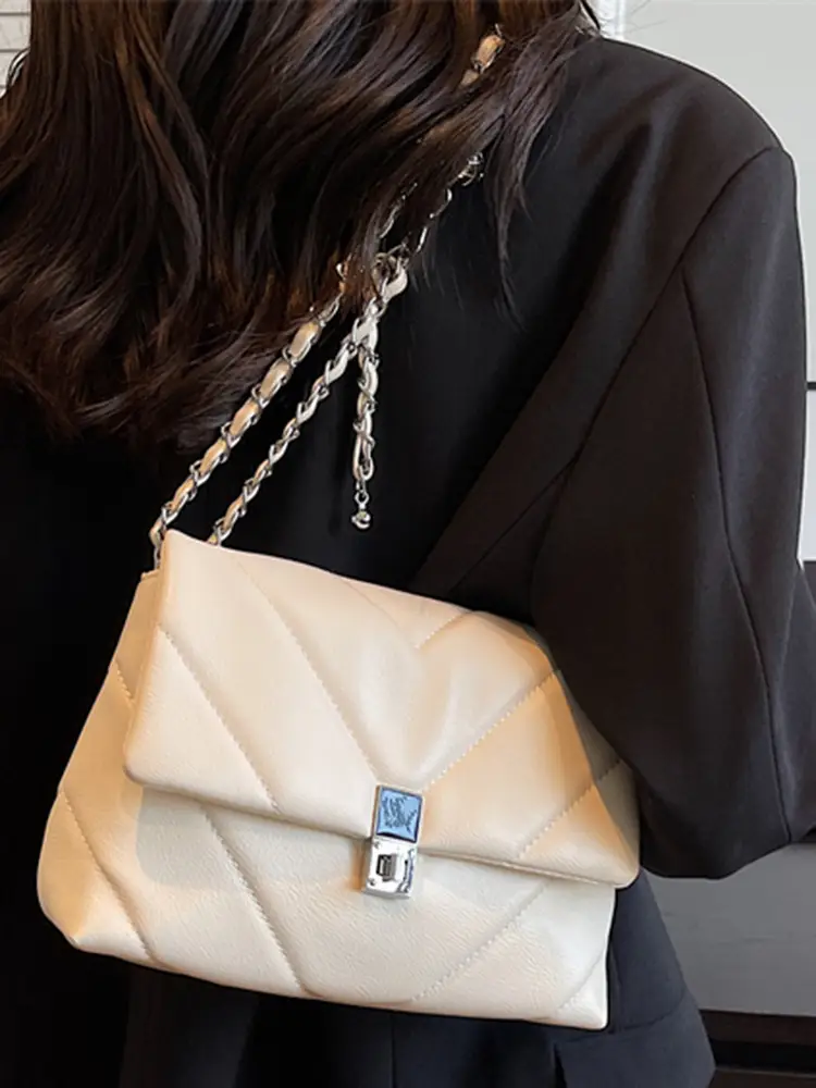 Stylish Cream Crossbody Bag with Silver Chain & Lock Buckle - Image 8