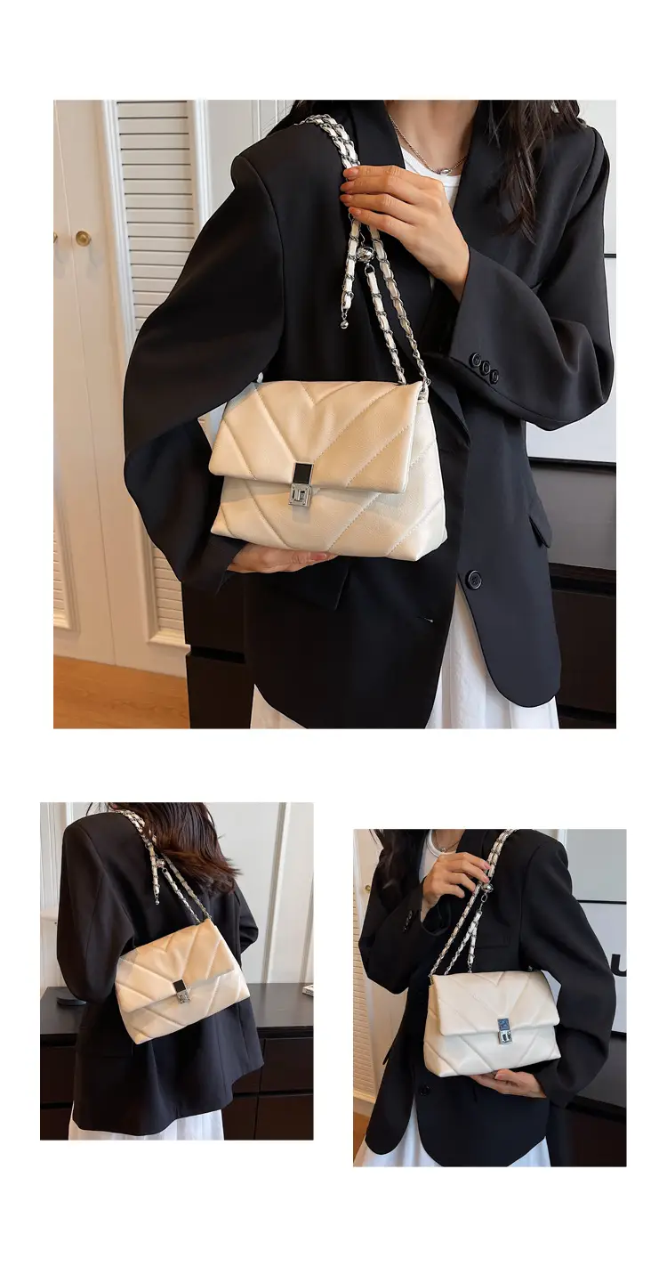 Stylish Cream Crossbody Bag with Silver Chain & Lock Buckle — feature 11