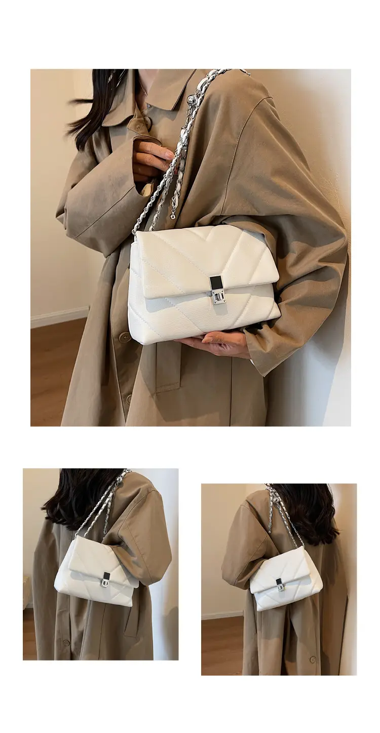 Stylish Cream Crossbody Bag with Silver Chain & Lock Buckle — feature 12