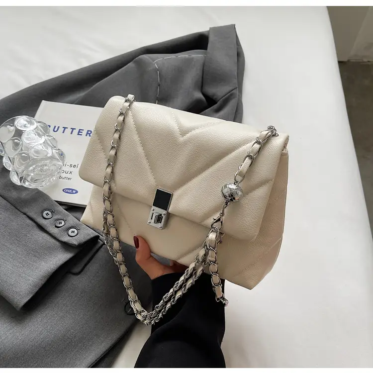 Stylish Cream Crossbody Bag with Silver Chain & Lock Buckle — feature 21