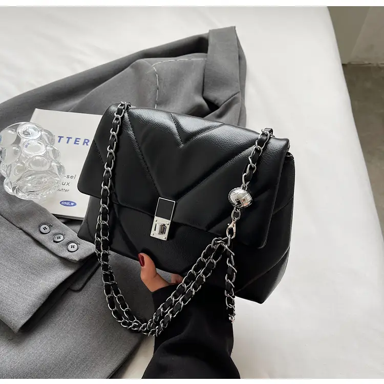 Stylish Cream Crossbody Bag with Silver Chain & Lock Buckle — feature 23