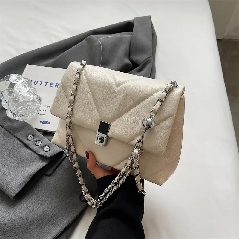 Stylish Cream Crossbody Bag with Silver Chain & Lock Buckle