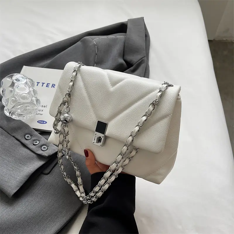 Stylish Cream Crossbody Bag with Silver Chain & Lock Buckle - Image 2