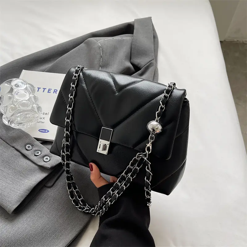 Stylish Cream Crossbody Bag with Silver Chain & Lock Buckle - Image 3