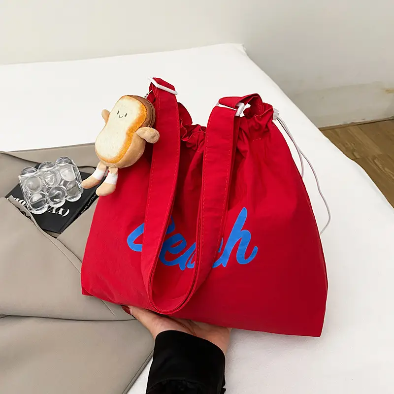 Red Drawstring Shoulder Bag with Cute Monkey Decor - Image 7