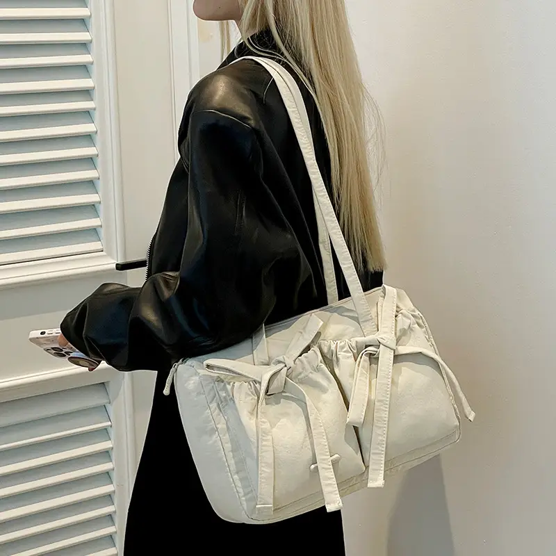 Women's Canvas Bowknot Shoulder Bag Large Capacity White - Image 12