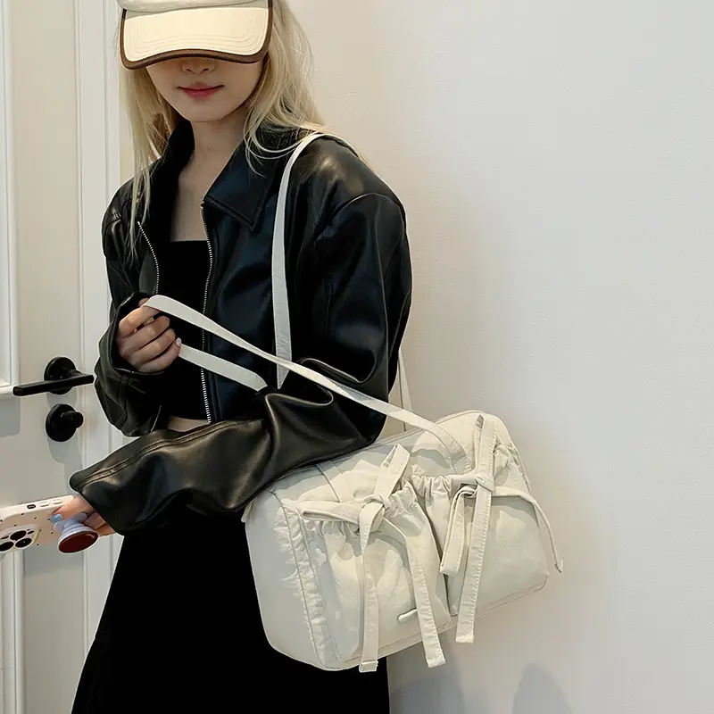 Women's Canvas Bowknot Shoulder Bag Large Capacity White - Image 15