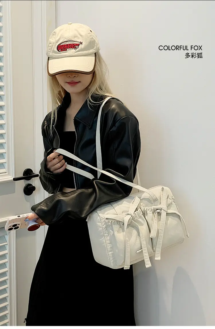 Women's Canvas Bowknot Shoulder Bag Large Capacity White — feature 1