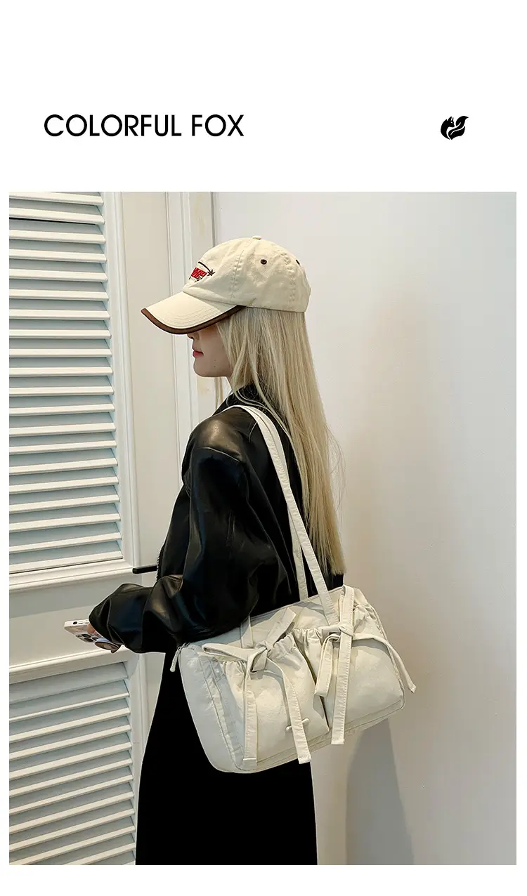 Women's Canvas Bowknot Shoulder Bag Large Capacity White — feature 13