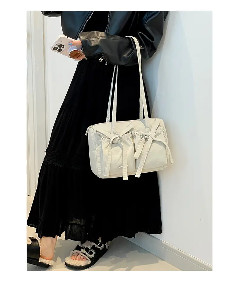Women's Canvas Bowknot Shoulder Bag Large Capacity White — feature 14
