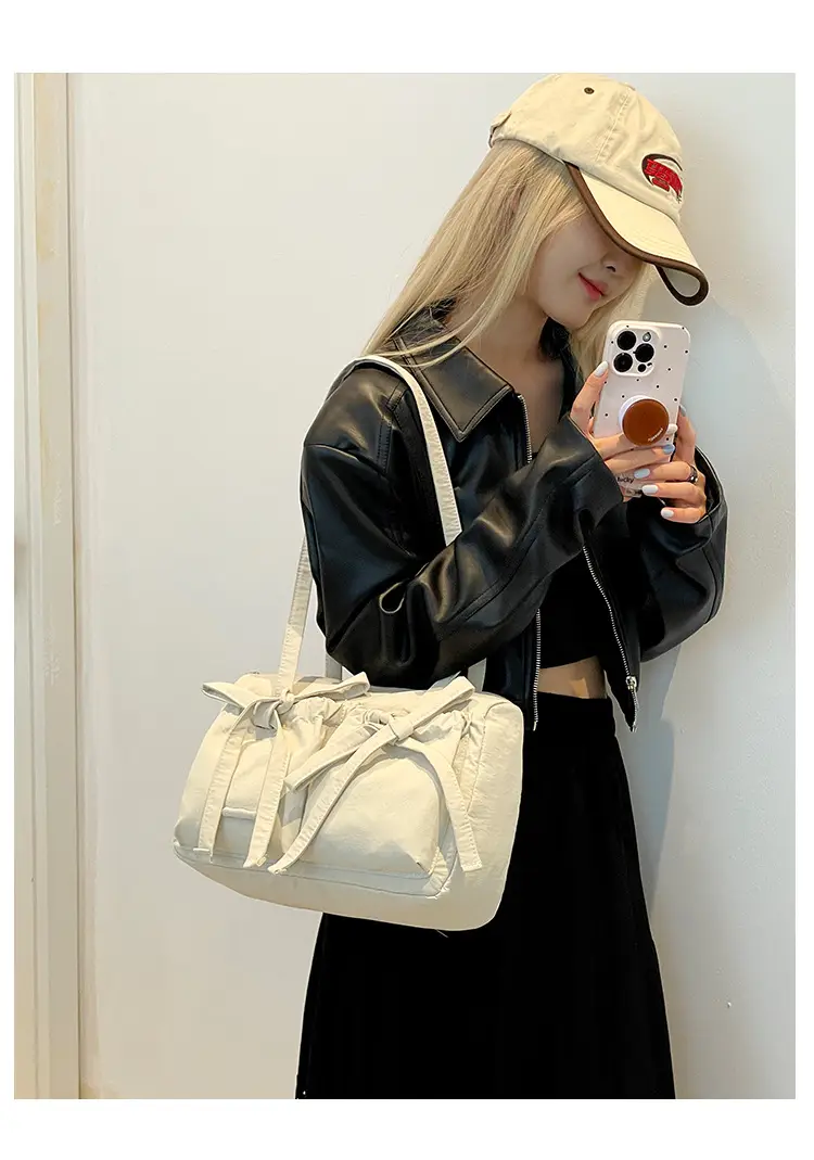 Women's Canvas Bowknot Shoulder Bag Large Capacity White — feature 15