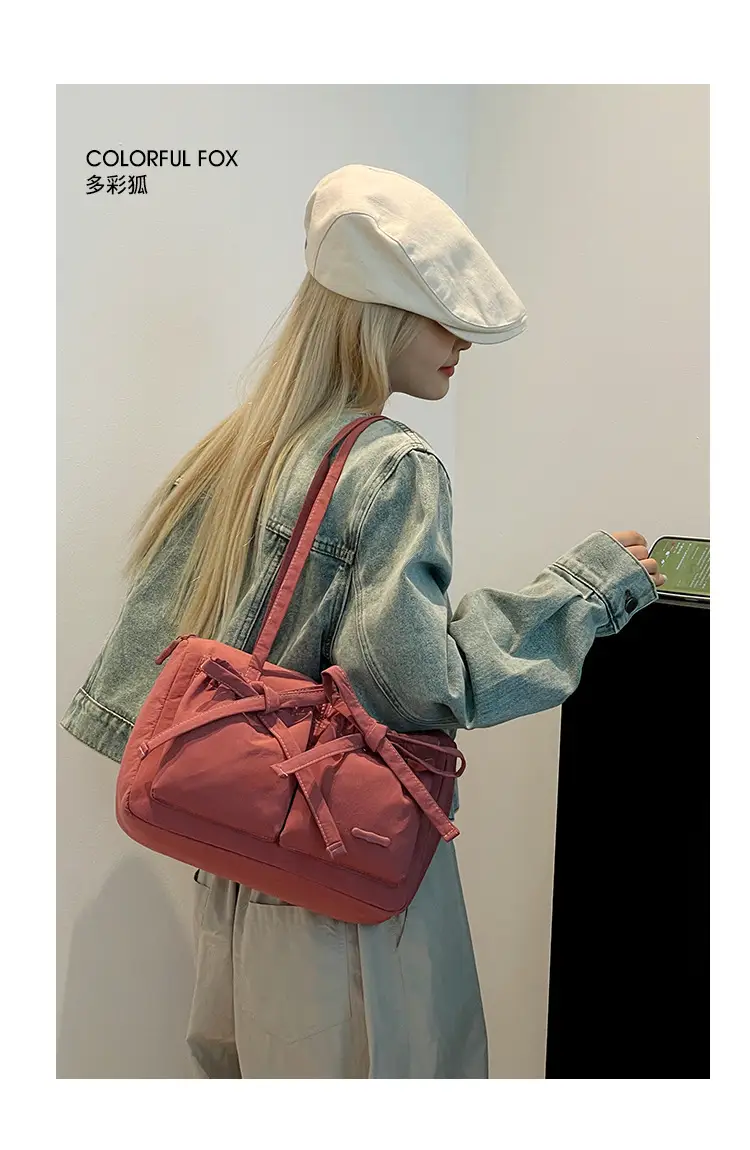 Women's Canvas Bowknot Shoulder Bag Large Capacity White — feature 2