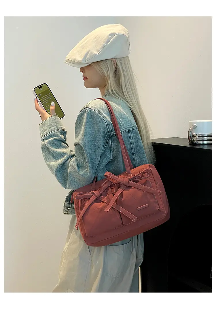Women's Canvas Bowknot Shoulder Bag Large Capacity White — feature 20
