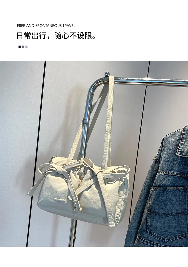 Women's Canvas Bowknot Shoulder Bag Large Capacity White — feature 6