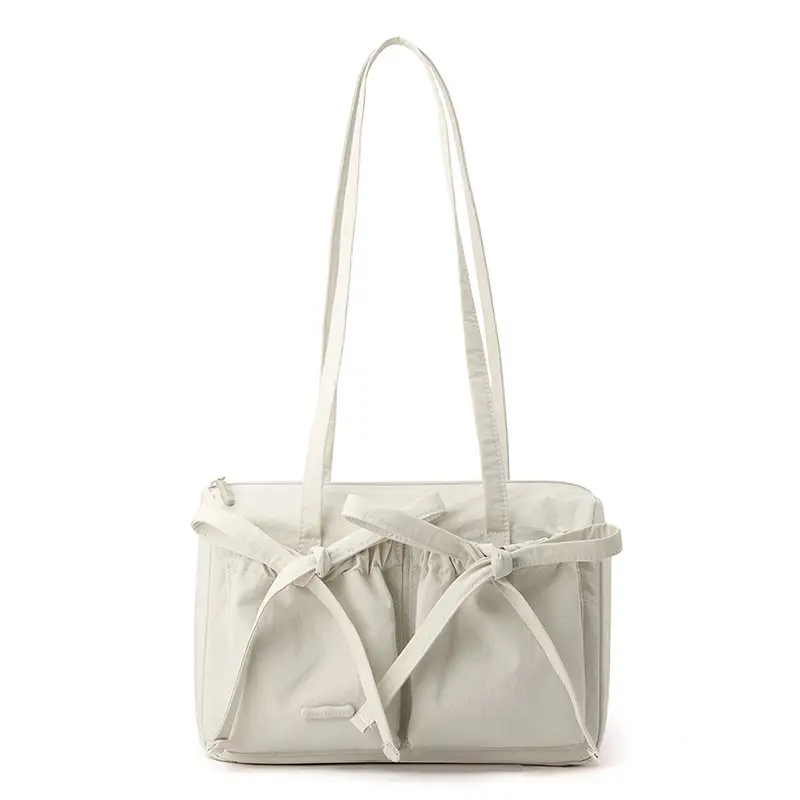 Women's Canvas Bowknot Shoulder Bag Large Capacity White - Image 9