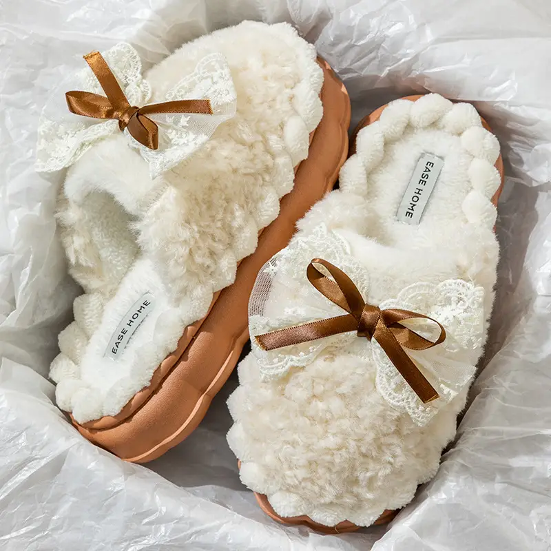 Bowknot Cotton Slippers for Women, Postpartum, Winter, Warm, Non-Slip, Indoor Home Use, 2026 New Model, Furry Slippers for Winter