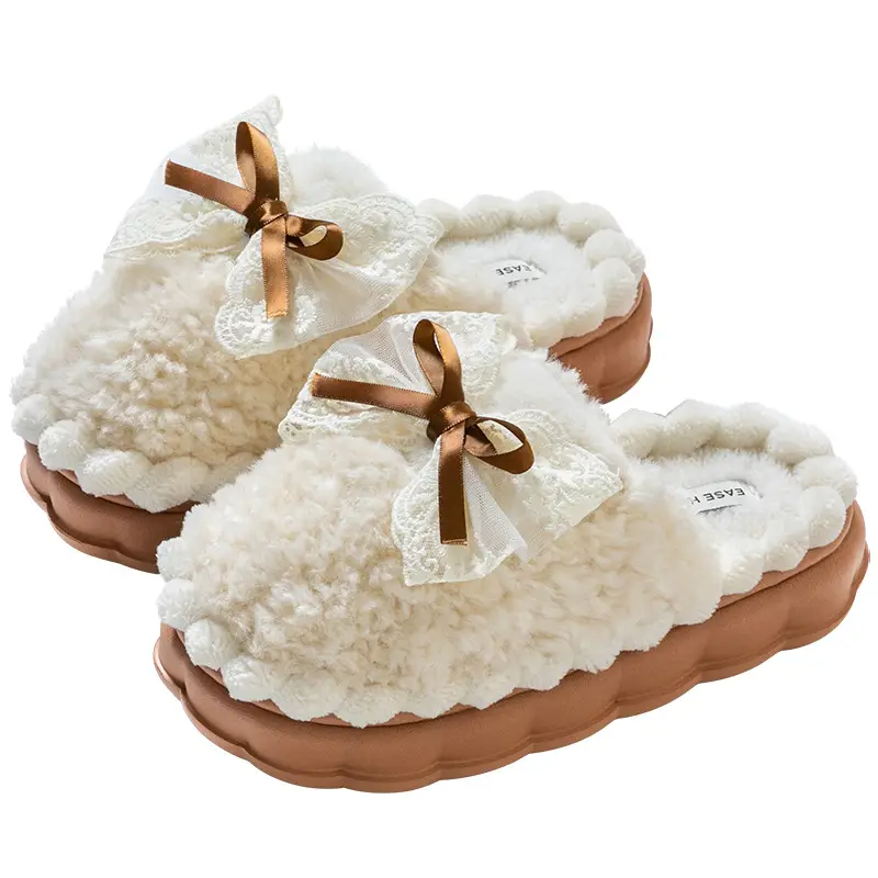 Bowknot Cotton Slippers for Women, Postpartum, Winter, Warm, Non-Slip, Indoor Home Use, 2026 New Model, Furry Slippers for Winter