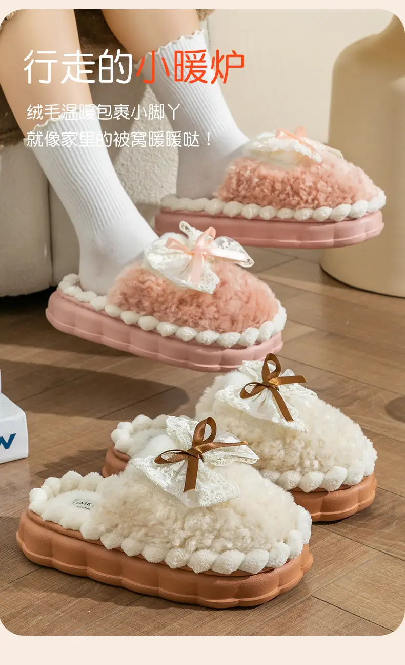 Bowknot Cotton Slippers for Women, Postpartum, Winter, Warm, Non-Slip, Indoor Home Use, 2026 New Model, Furry Slippers for Winter — feature 10