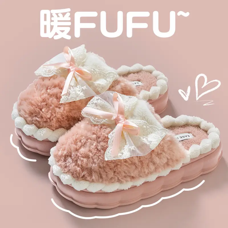 Bowknot Cotton Slippers for Women, Postpartum, Winter, Warm, Non-Slip, Indoor Home Use, 2026 New Model, Furry Slippers for Winter