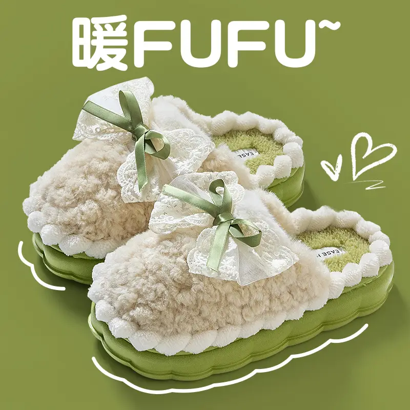 Bowknot Cotton Slippers for Women, Postpartum, Winter, Warm, Non-Slip, Indoor Home Use, 2026 New Model, Furry Slippers for Winter