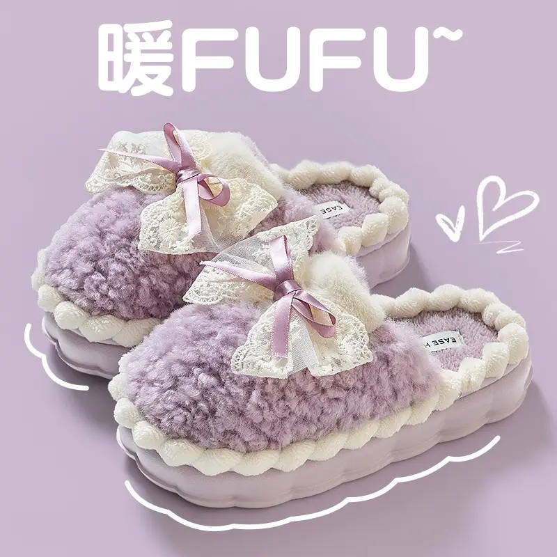 Bowknot Cotton Slippers for Women, Postpartum, Winter, Warm, Non-Slip, Indoor Home Use, 2026 New Model, Furry Slippers for Winter