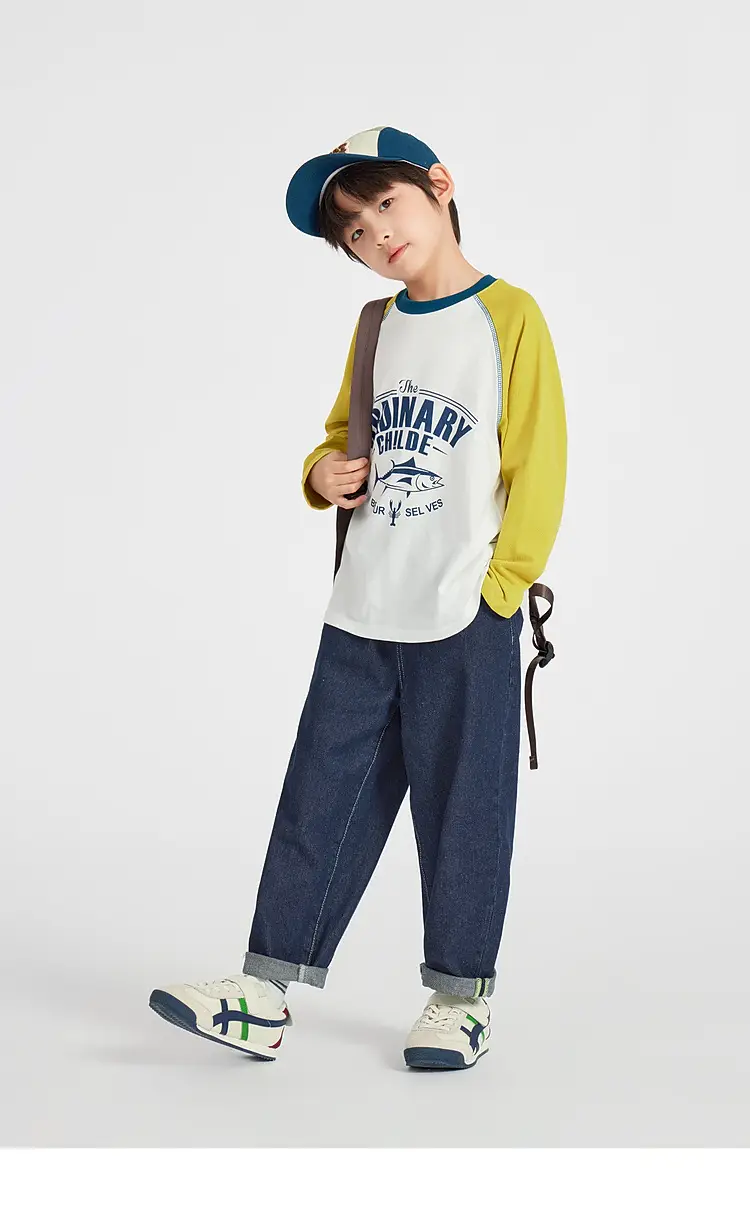 Duoduo Boys Long Sleeve Color Block T-Shirt Blue Grey — feature 20