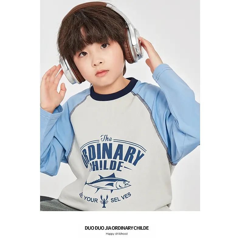 Duoduo Boys Long Sleeve Color Block T-Shirt Blue Grey — feature 31